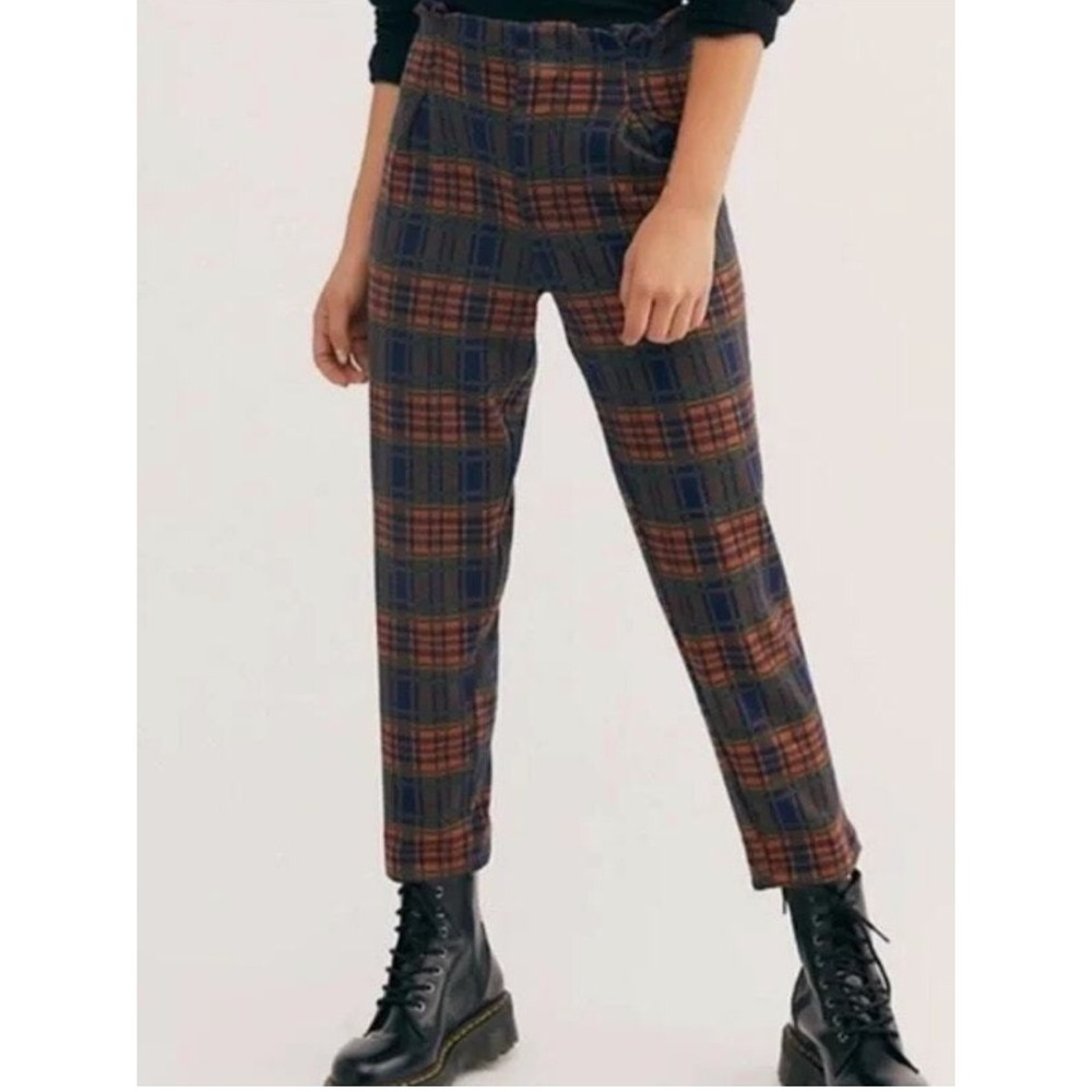 Free People Pants Womens S Brecan High Rise Pleated Plaid Ankle Crop